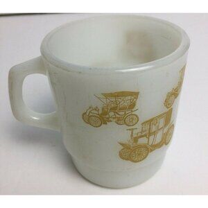 Fire King Classic Antique Cars Milk Glass Mug Stacking Mug Gold Printed Vintage